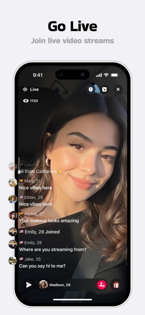 Aveola: 1-on-1 Live Video Chat - Questa schermata mostra la funzionalità di streaming live, dove gli utenti possono interagire in tempo reale attraverso i commenti visualizzati (X) e tenere traccia del numero di spettatori (Y).
