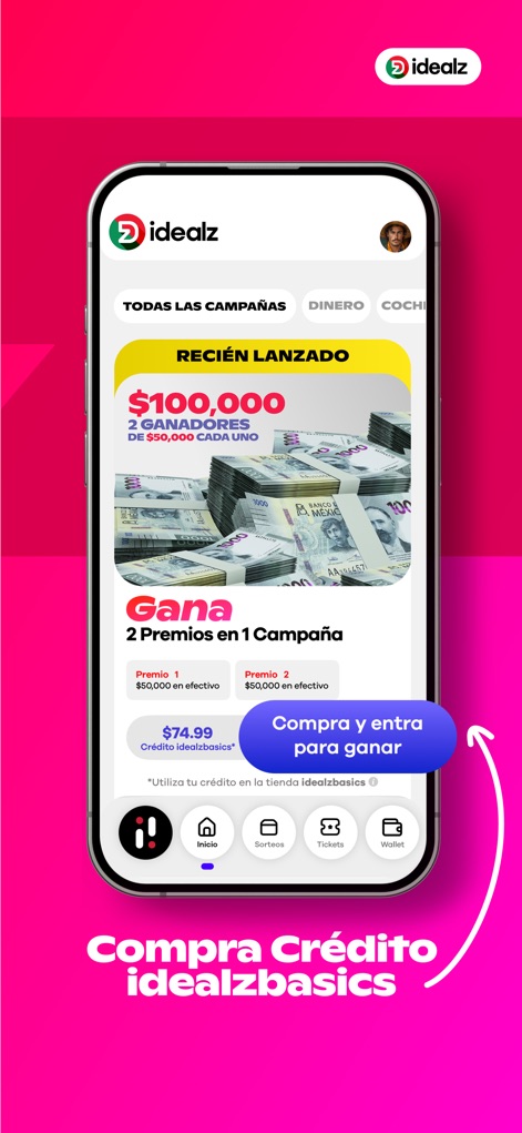 Idealz | Mexico - Esta sección promociona sorteos activos con grandes premios, como los $100,000 en efectivo, y guía a los usuarios para "Compra y entra para ganar".