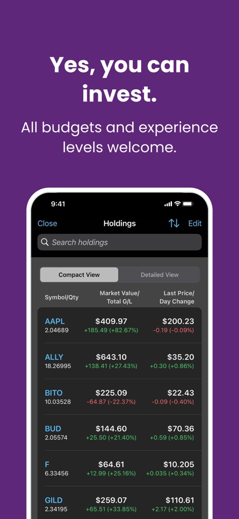Ally: Bank, Auto & Invest - Users can effortlessly monitor their investment portfolio, seeing individual stock holdings like 'AAPL' and their corresponding market value and day change.