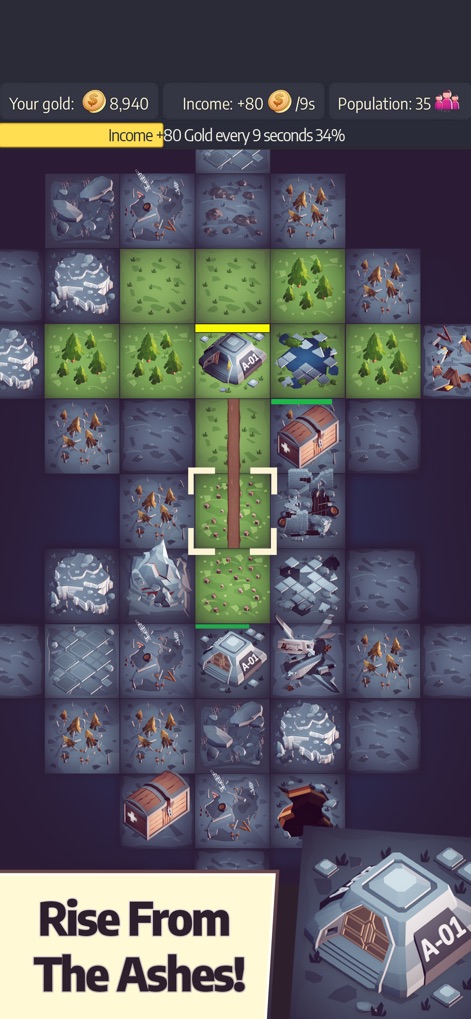 Post Apo Tycoon - Idle Builder - The app presents the foundational mechanics, centered around the initial nuclear silo building and its expansion into a surrounding grid of diverse terrain tiles, signifying the start of a new society.