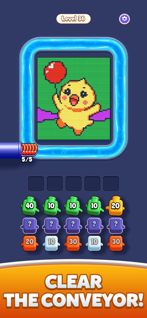 Color Blast Shooter - Observe how the app presents evolving pixel art challenges and requires players to manage an array of numbered and mystery blocks on the multi-level conveyor for successful clears.