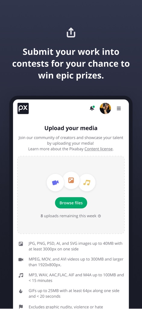 Pixabay - Discover the intuitive upload interface, detailing accepted file types and weekly upload limits, empowering users to share their diverse media.