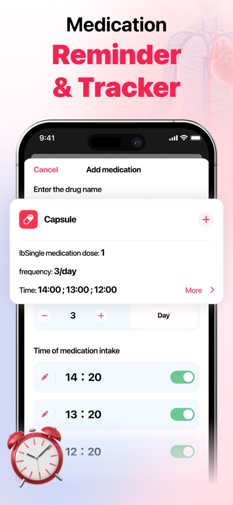 Heart Rate Monitor: For health - See how the app facilitates medication management, offering input fields for dosage settings and customizable intake time reminders.