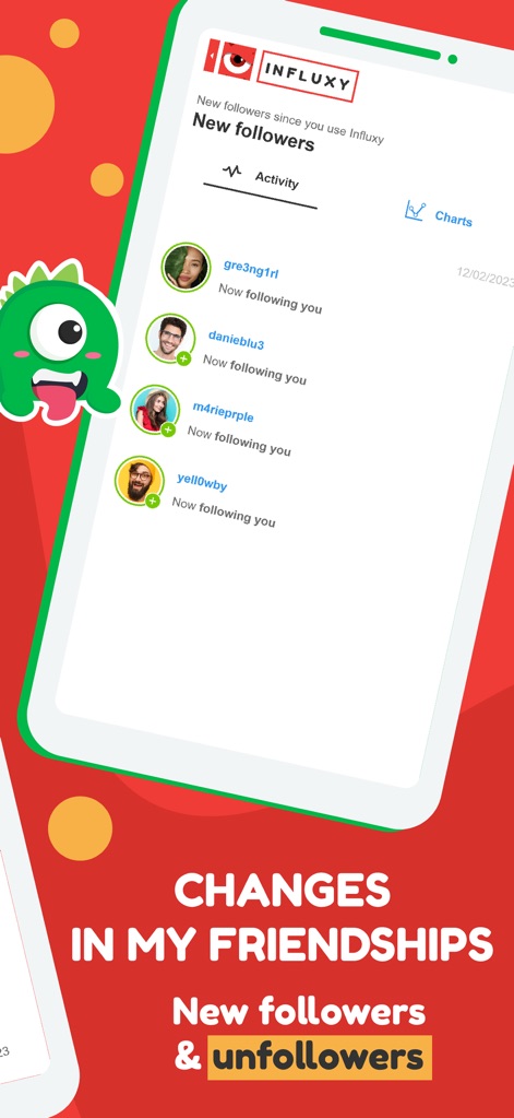 Influxy - Monitor the growth of social circles with a clear list of new followers, and distinct viewing options for 'Activity' and 'Charts' to visualize trends.