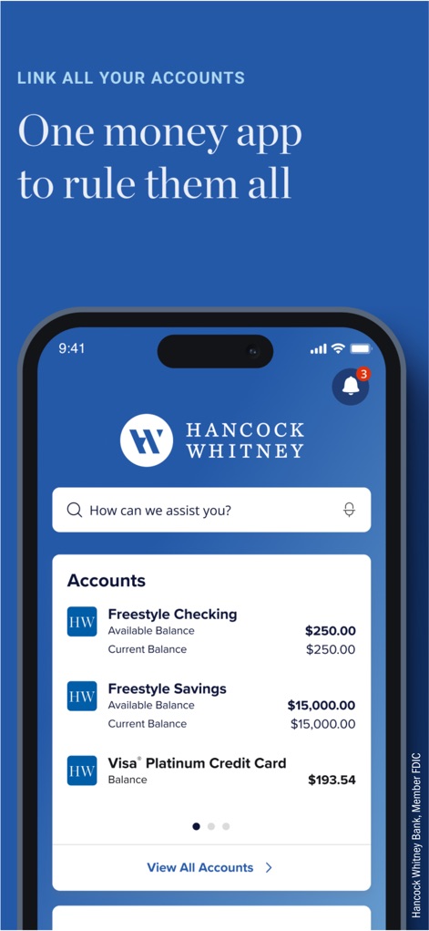 Hancock Whitney Bank - Users can effortlessly manage all their accounts, from checking to credit cards, and quickly search for assistance directly from the home screen.