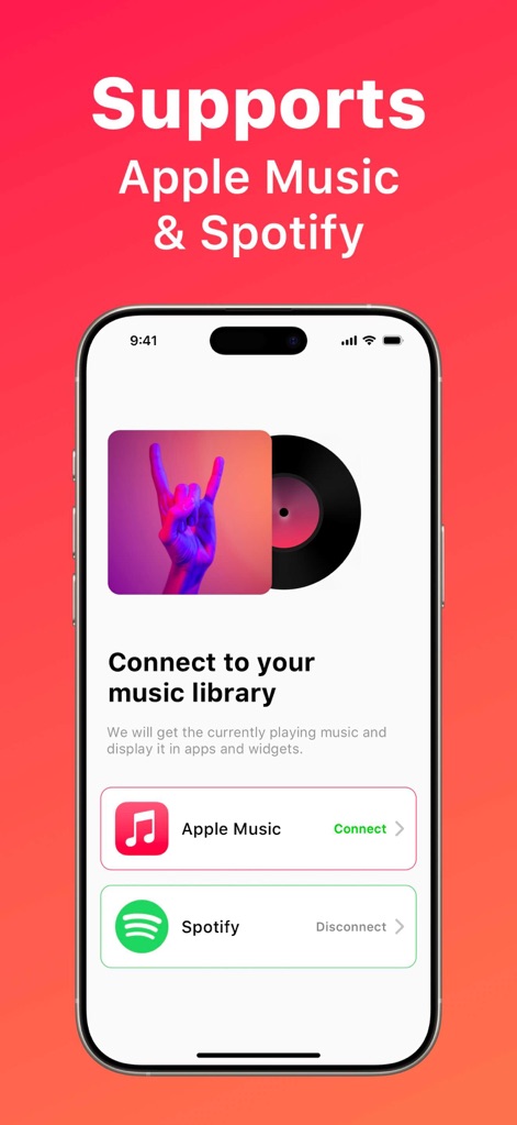 VinylPod - Music Widget - Esta herramienta garantiza una experiencia musical fluida al ofrecer compatibilidad directa con Apple Music y Spotify, facilitando la conexión a las bibliotecas existentes.
