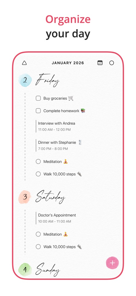 2026 Planner & Agenda - Floret - Observe how the app organizes tasks with interactive checkboxes and clearly presents timed events across multiple days.