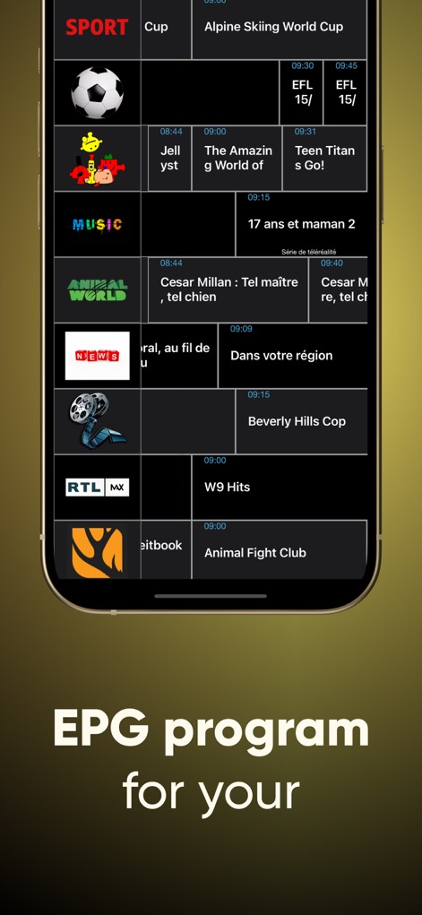 IPTV Streamer Pro - The app provides an organized Electronic Program Guide, showcasing various channel categories and precise program timings for easy scheduling.