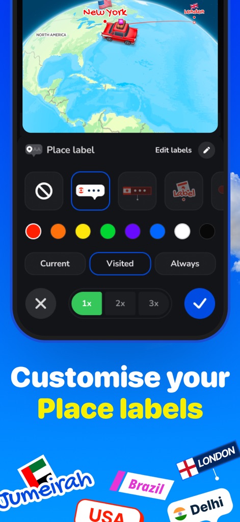 TravelAnimator: Journey Route - Les utilisateurs peuvent affiner la narration de leurs voyages grâce à des étiquettes de lieux entièrement personnalisables, offrant diverses couleurs et styles pour un impact visuel maximal.