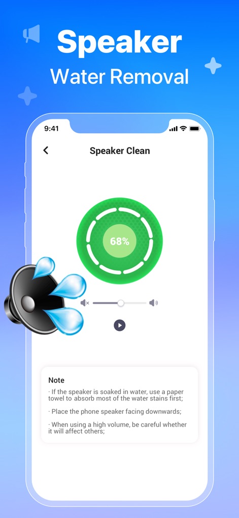 AI Cleaner : Clean Storage - Explore the unique 'Speaker Clean' function, which visually represents water removal progress with a dynamic circular indicator and provides detailed instructional notes for optimal speaker maintenance.