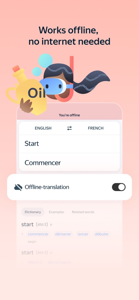 Yandex Translate - Users can enjoy uninterrupted translation thanks to the clear 'You're offline' indicator and the easily accessible 'Offline-translation' toggle.