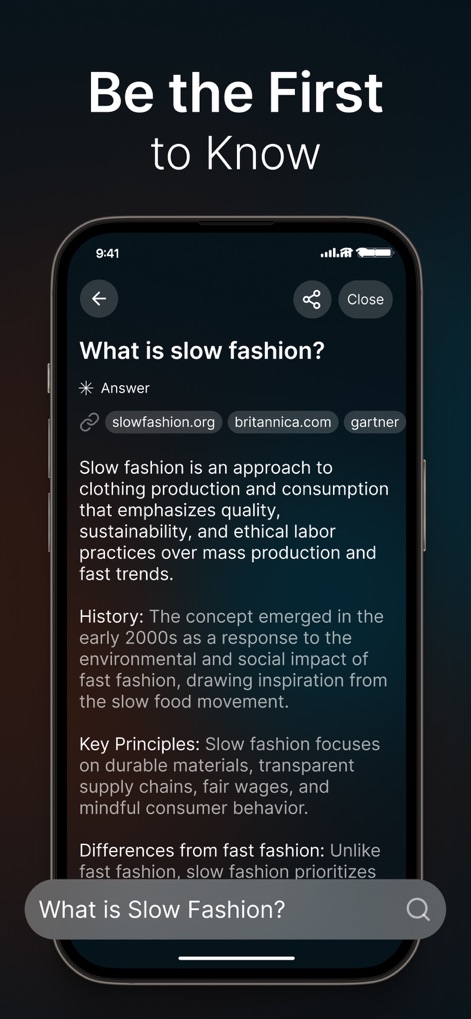 DeepScan: AI Search Assistant - The app provides comprehensive answers to specific questions like 'What is slow fashion?', accompanied by verified source domains such as slowfashion.org and a persistent search bar for follow-up queries.