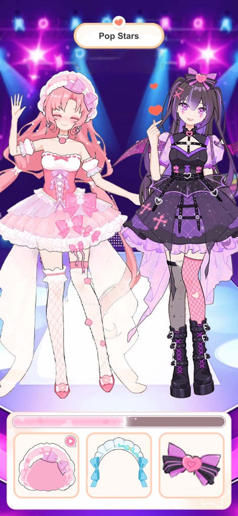 Love Idol: Beauty Dress Up - Witness the idols in their performance attire on a brightly lit stage, with outfits ranging from an elaborate pink gown to an edgy dark purple ensemble, perfect for 'Pop Stars' themed events.