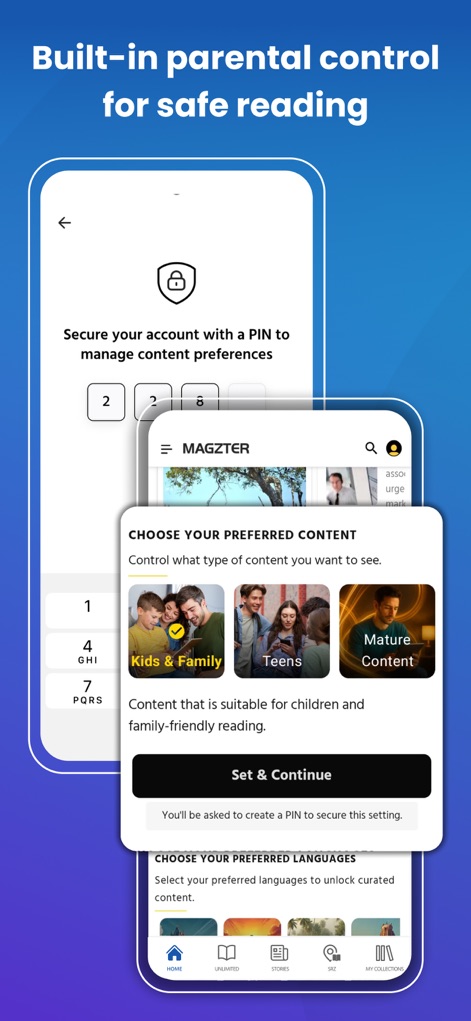 Magzter: Magazines, Newspapers - The app includes robust "Built-in parental control" features, enabling users to "secure your account with a PIN" and filter content preferences like "Kids & Family" or "Mature Content" for a safe reading experience.