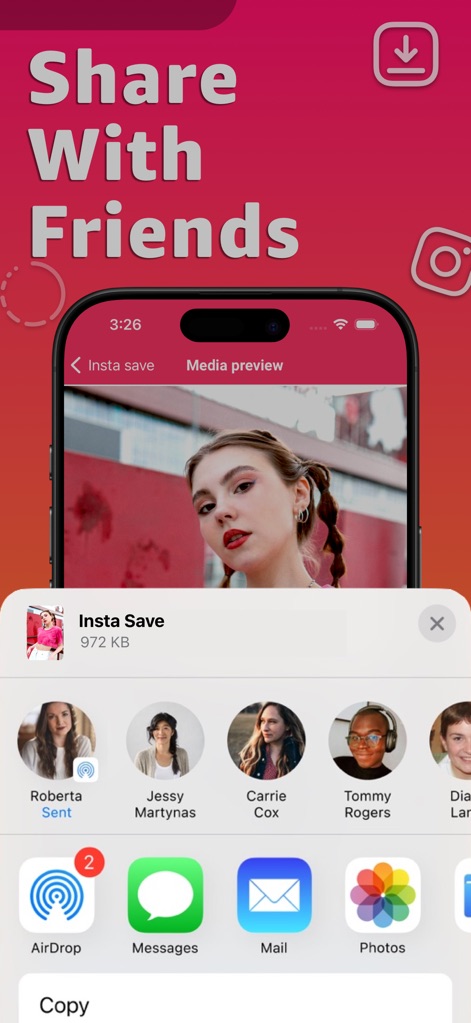 Instant Save: Reel Story Video - La funcionalidad de compartir es accesible y versátil, integrada a través de la hoja para compartir de iOS y ofreciendo múltiples opciones de envío a contactos y otras plataformas.