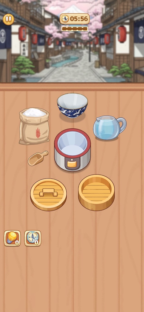 Cookingo: Perfect Meal - The app features traditional cooking elements like a sack of flour and a classic bamboo steamer, set against a charming Japanese street backdrop.