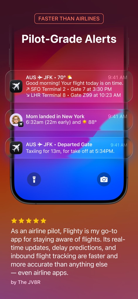 Flighty – Live Flight Tracker - Die App liefert hochpräzise „Piloten-Grade Benachrichtigungen“, die Nutzer über den „Flugstatus“, wie Abflug oder Landung, und andere wichtige Ereignisse in Echtzeit informieren.