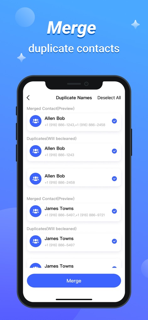 Powerful Cleaner-Clean Storage - The app streamlines contact lists by identifying and previewing 'Duplicate Names' for merging, ensuring an organized and clutter-free address book.
