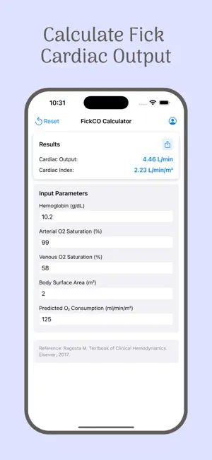 Fick Cardiac Output Calculator screenshot 1