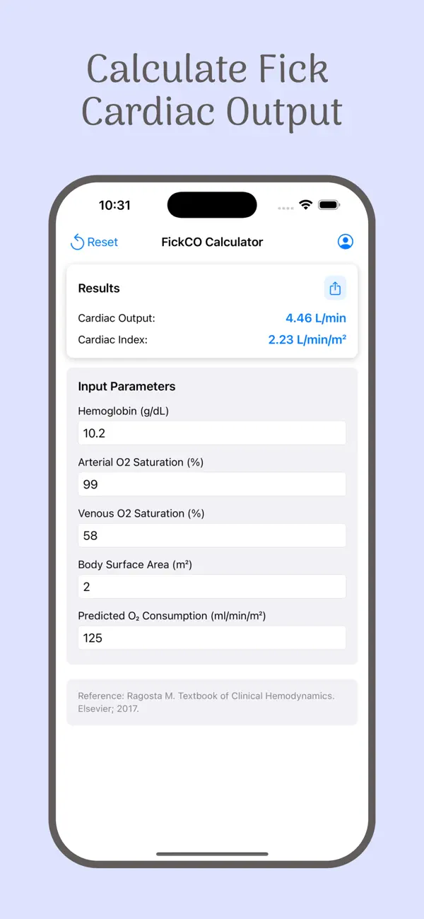 Screenshot #1 pour Fick Cardiac Output Calculator