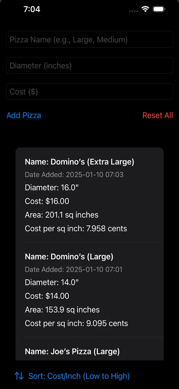 Screenshot #1 pour PizzaPriceCalculator