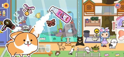 Miga Town: My Pets - Los jugadores pueden explorar un detallado spa de mascotas, donde se observa un champú para el baño y un acuario lleno de vida marina.