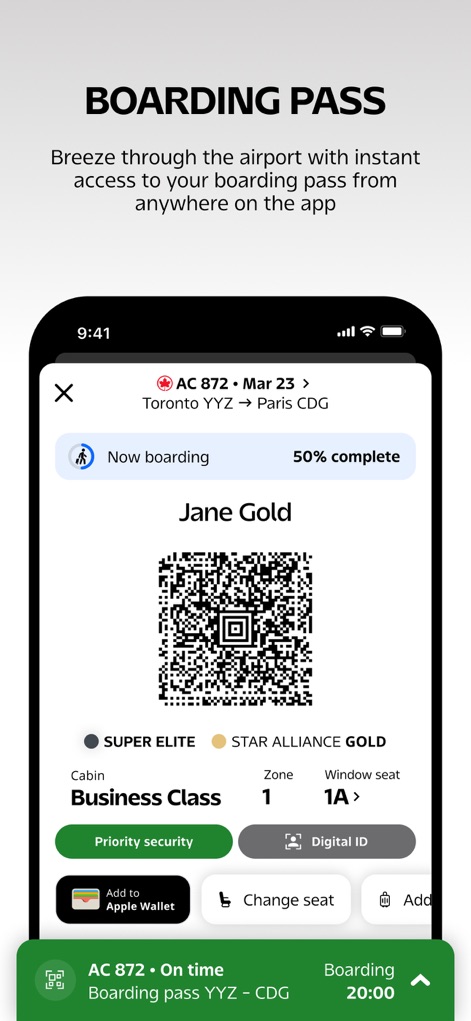 Air Canada + Aeroplan - Los viajeros acceden a su pase de abordar digital con un código QR claro, mostrando detalles como el asiento "1A" y el estado "Now boarding", con opciones convenientes como "Add to Apple Wallet" para un acceso rápido.
