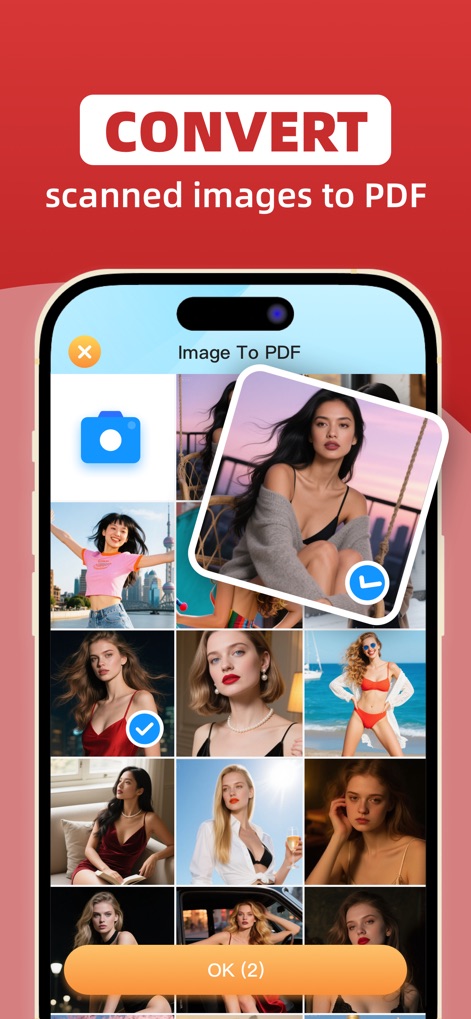 Flat PDF Scan-PDF Creator - Discover how this tool allows users to effortlessly select multiple images from their gallery using visible checkmarks and confirm their choices with the 'OK (2)' button.