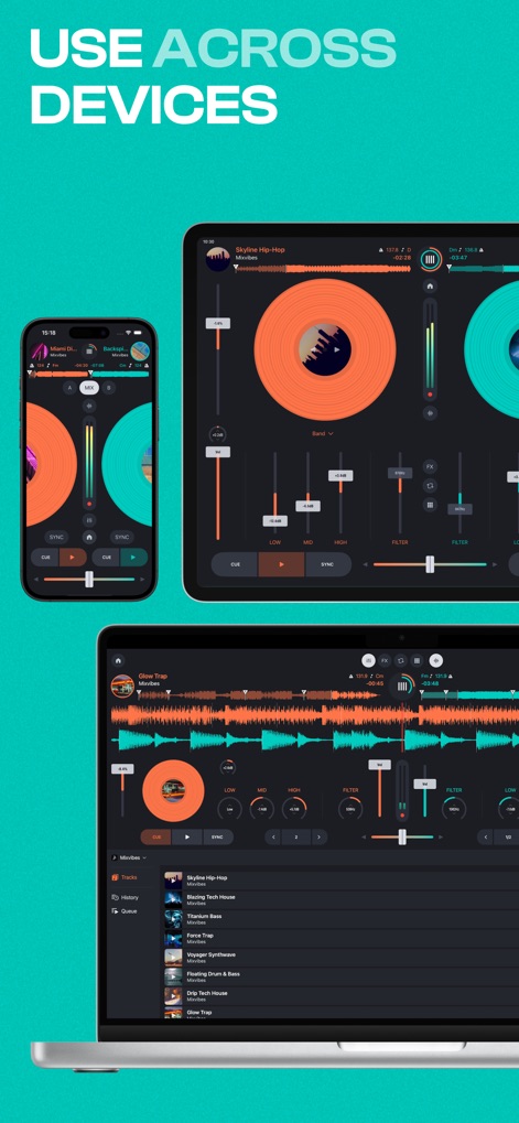 Cross DJ - Music Mixer App - L'application assure une expérience utilisateur cohérente sur divers appareils, du téléphone à la tablette et à l'ordinateur portable. Cette intégration multiplateforme permet aux DJs de mixer où qu'ils soient.