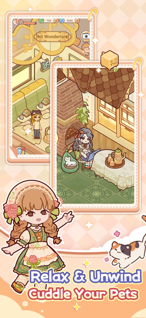 My Leisure Time - This app emphasizes pet companionship within beautifully designed spaces, allowing users to interact with pets and enjoy exquisitely detailed interiors featuring elements like a cozy fireplace and a delicate teapot.