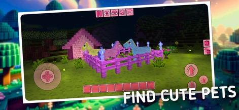 Kawaii World - Craft and Build - Users can discover and fence adorable blocky horses alongside a charming pink cottage within the app's vibrant night biome.