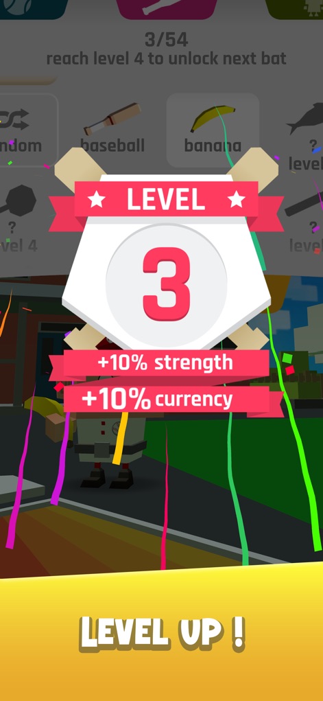 Baseball Boy! - La aplicación celebra el progreso con una ventana emergente de "LEVEL UP!" que muestra el nuevo nivel alcanzado y los claros aumentos de estadísticas, como el "+10% strength" y "+10% currency", motivando a los jugadores.