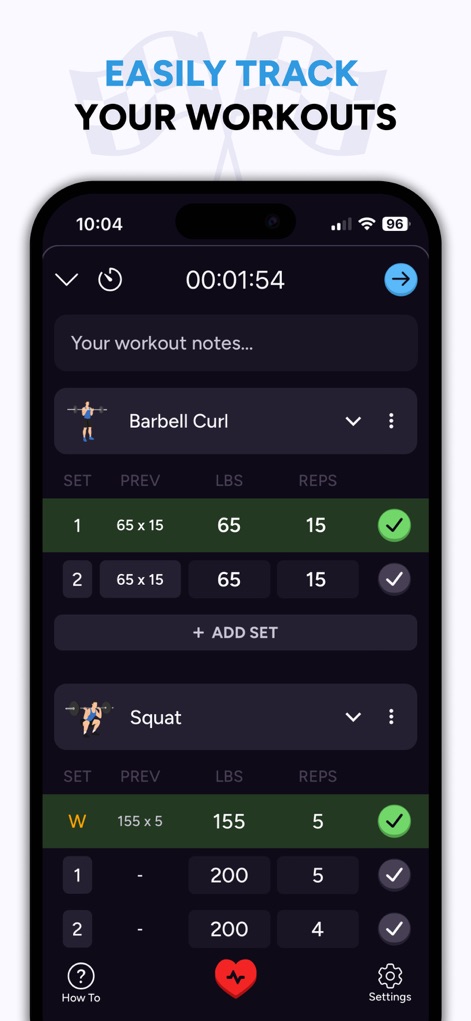 Liftoff - Ranked Gym Workouts - Cet écran illustre la facilité d'enregistrement des séances, où les utilisateurs peuvent consigner chaque "série, poids et répétition" de manière claire et ajouter de "nouvelles séries" instantanément.
