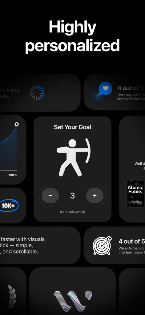 Wiser: Bite-Sized Learning - ユーザーは週ごとのサマリー目標を設定でき、多数のユーザーが人生の改善を実感しているという肯定的な評価が視覚的に示されています。