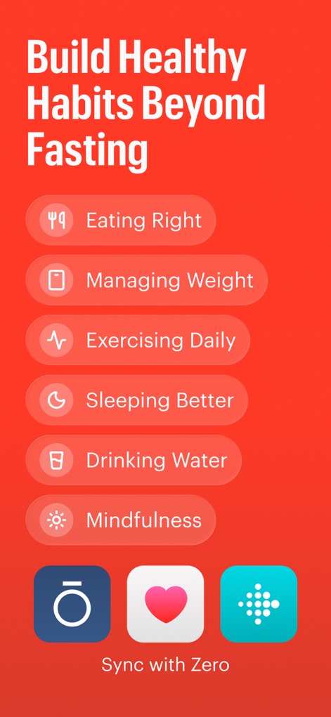 Zero: Fasting & Food Tracker - Discover the app's support for holistic well-being through tracking pillars like 'Eating Right' and 'Mindfulness', complemented by convenient sync options with popular health platforms.