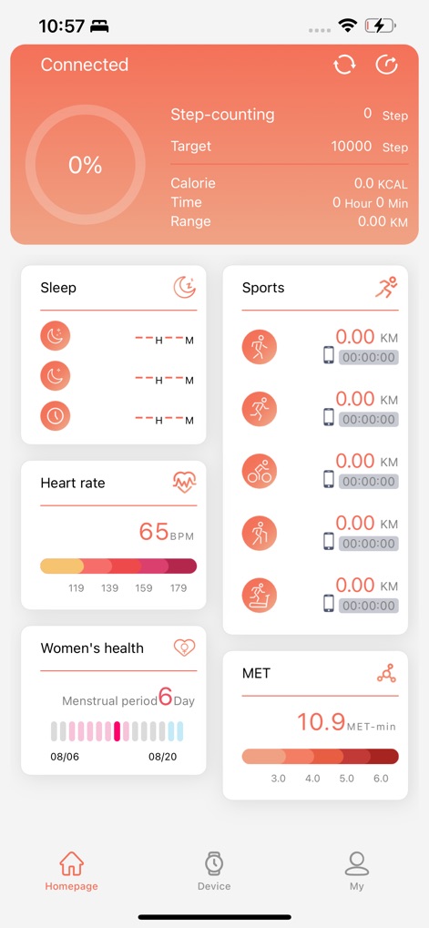 RDFit - Runde Intelligent - See how the app provides a complete health overview, featuring detailed "Step-counting" metrics and a dedicated "Women's health" tracking section.
