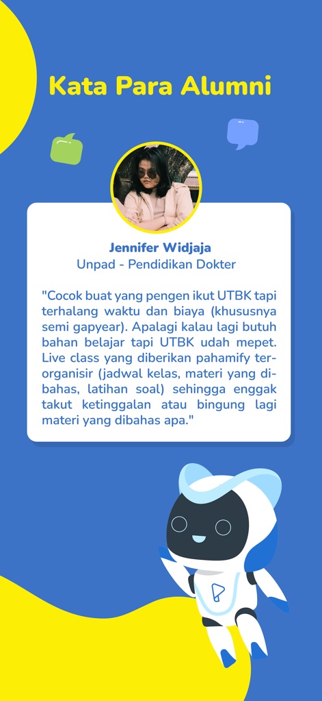 Pahamify: Bimbel UTBK SNBT TKA - Read inspiring testimonials from successful alumni, like Jennifer Widjaja, highlighting how the app's organized learning materials and class schedules significantly aided their UTBK preparation.