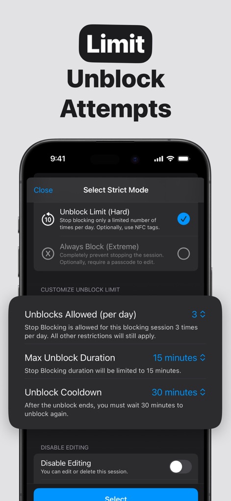 Refocus: Block Apps & Websites - Esta captura detalha a opção "Unblock Limit", onde os usuários podem configurar o número máximo de desbloqueios permitidos por dia e definir um "Unblock Cooldown" para evitar interrupções constantes.