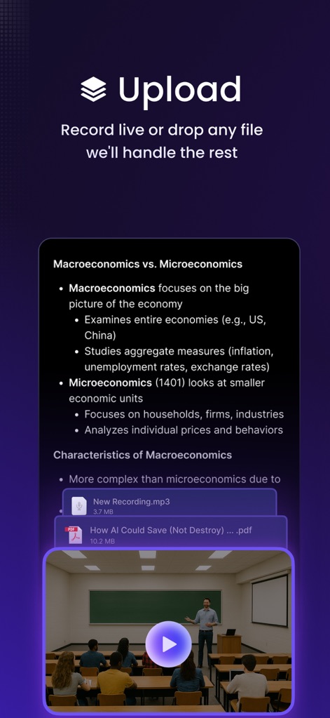 ThetaWave-AI Study Notes - This view highlights the app's capability to ingest various formats like PDF documents and audio recordings, alongside embedded video lectures.
