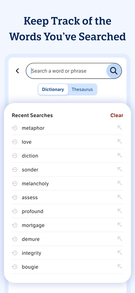 Dictionary.com: English Words - O aplicativo registra o histórico de palavras pesquisadas, como "metaphor", com uma lista cronológica clara e opções de filtro para "Dictionary" ou "Thesaurus".