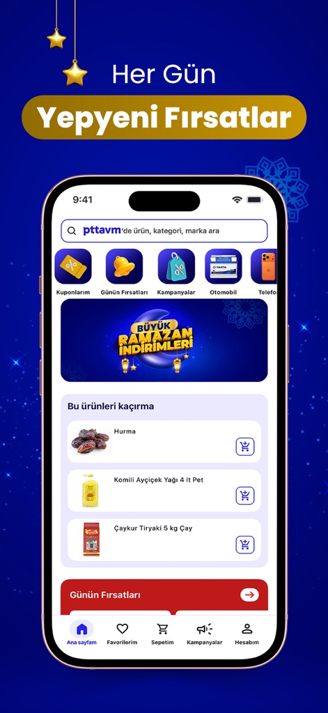 pttavm - Online Alışveriş - La interfaz principal de la aplicación presenta una barra de búsqueda para explorar "productos, categorías y marcas", mientras que la barra inferior ofrece acceso rápido a "Ofertas del Día" y otras secciones clave.