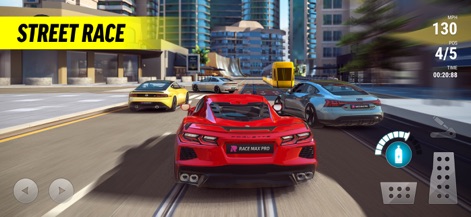 Race Max Pro: Car Racing Games - Observe the intense street racing action with a detailed red supercar and clear UI indicators for speed and position.