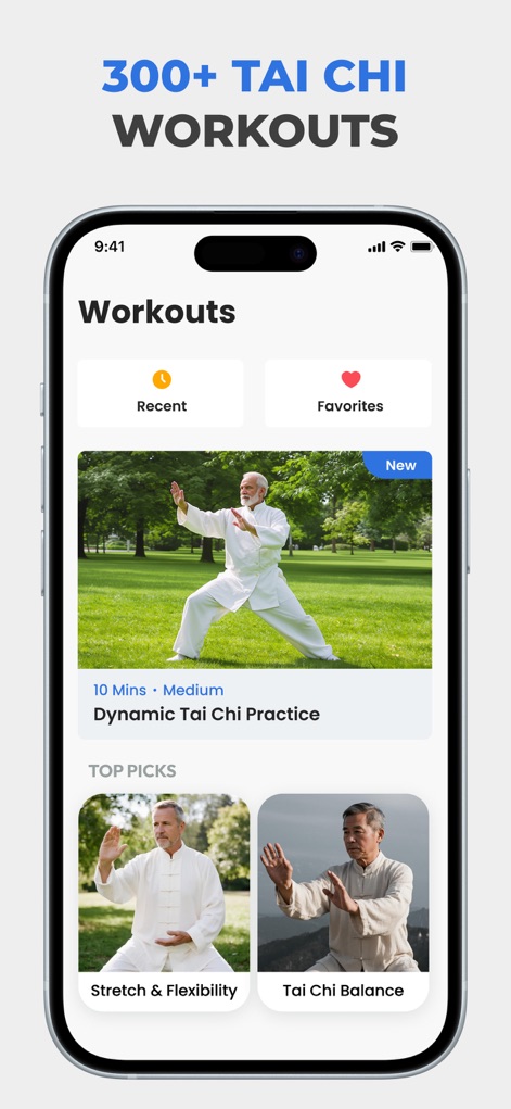 Tai Chi for Beginners Seniors - La plataforma ofrece más de 300 entrenamientos de Tai Chi, categorizados para facilitar la búsqueda de prácticas como 'Estiramiento y Flexibilidad' o 'Equilibrio de Tai Chi'.