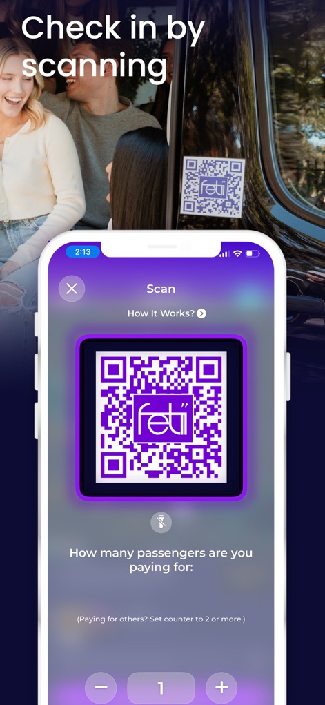 Fetii Ride - Users can easily check into their ride using the integrated QR code scanner and conveniently adjust the number of passengers they are paying for, simplifying group payments.