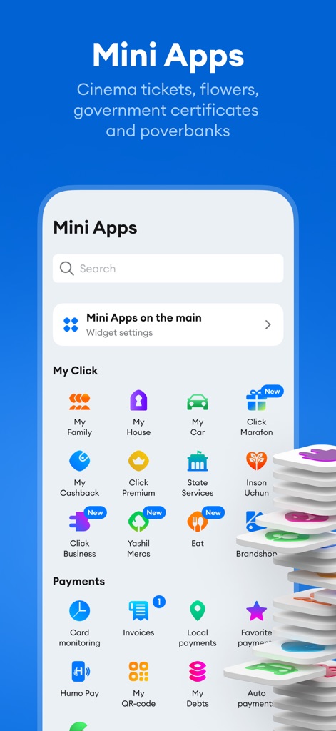 Click SuperApp - This view reveals the extensive 'Mini Apps' ecosystem, presenting a wide array of services from 'My Family' to 'State Services', enhancing the app's versatility.