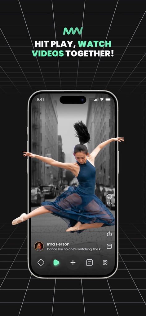 mewe: The Safe Network - Witness how the app provides a seamless full-screen video experience, allowing users to enjoy dynamic content like dance performances with easy-to-use playback controls.