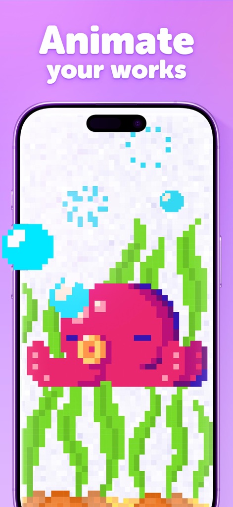 UNICORN: Color by Number Games - Nach dem Ausmalen ermöglicht die App die Belebung der Kunstwerke, sichtbar am Beispiel des schwimmenden Oktopus und der aufsteigenden Blasen.