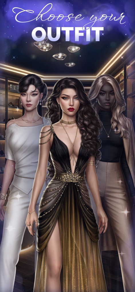 Seven Hearts Stories - This screenshot highlights the extensive character customization, allowing players to 'Choose your OUTFIT' from a wide variety of fashionable wardrobe choices for their protagonist's unique style.