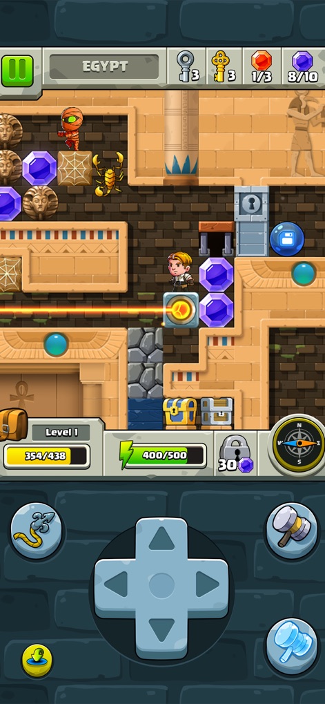 Diamond Quest: Don't Rush! - This view reveals the Egyptian level's intricate design, featuring both scorpion enemies and key-gated exits.