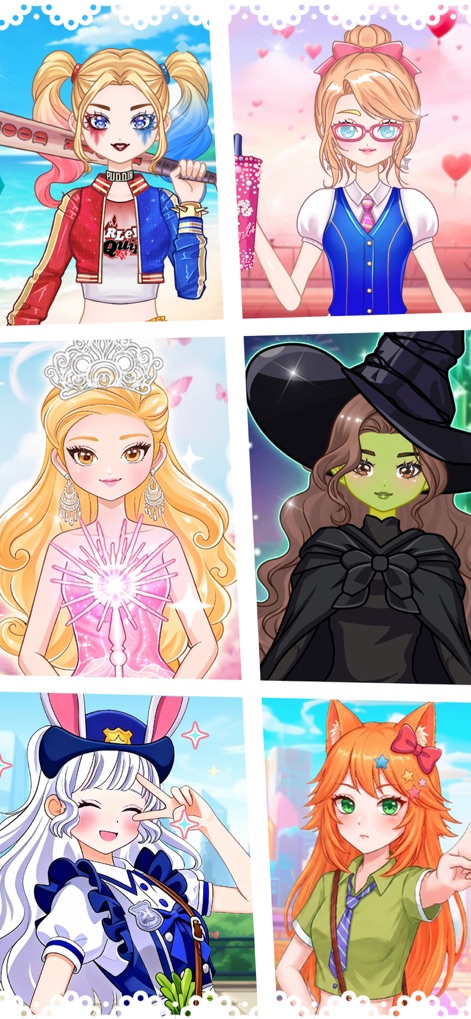 Idol Livestream: Doll Dress Up - The app demonstrates its vast stylistic range, featuring characters from edgy cosplay outfits to elegant princess gowns, highlighting the endless creative possibilities.